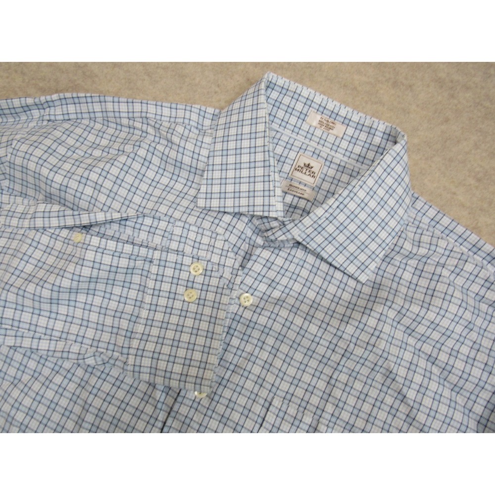 Peter Millar Nanoluxe Easycare Dress Shirt Mens 17.5 Long Blue White Tattersall